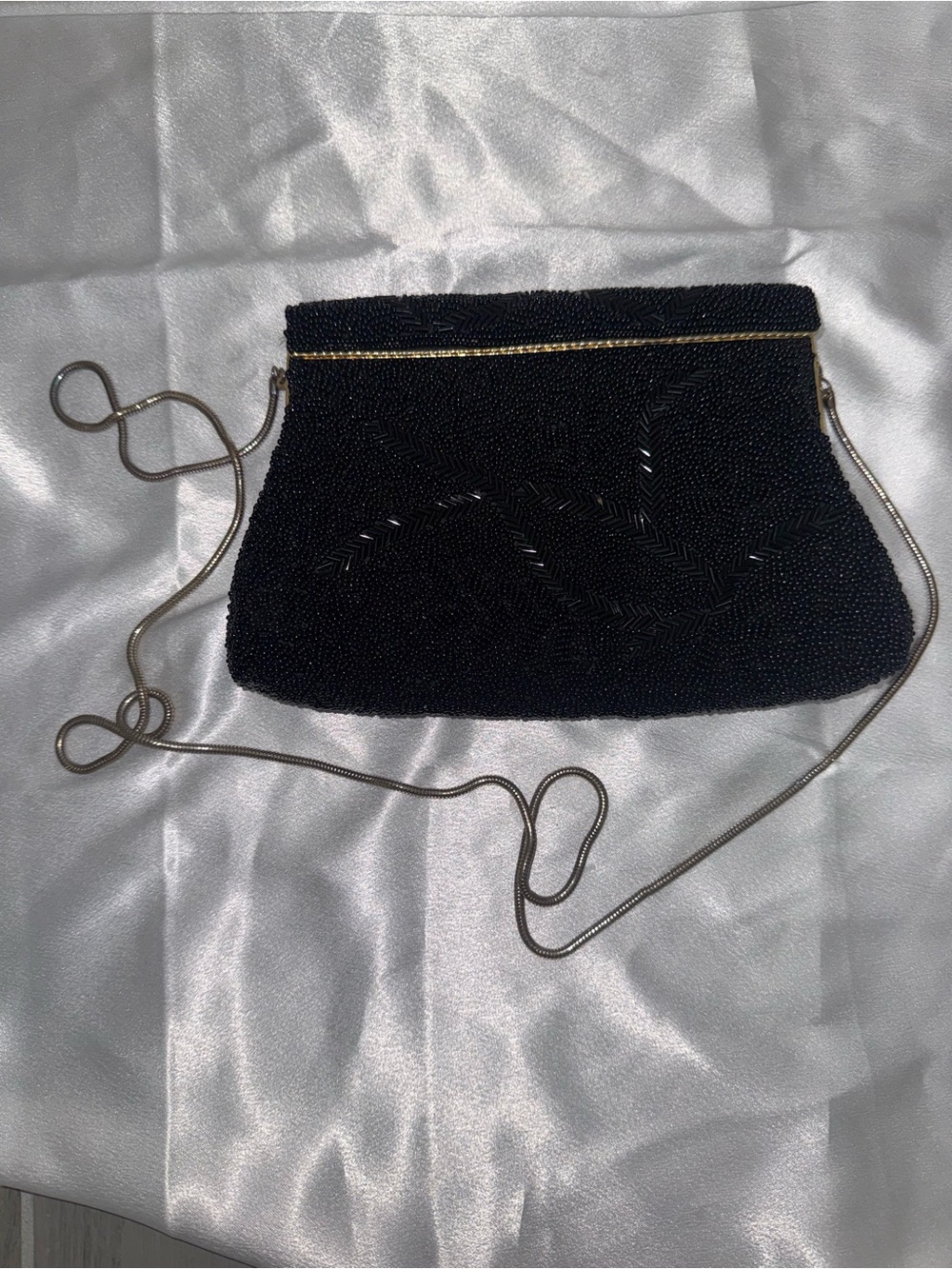 Black Beaded Mini Crossbody Bag with Gold Chain Accent